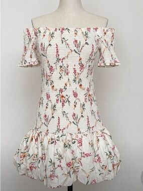 Floral Smocked Off Shoulder Bubble Hem Mini Dress Cottagecore Boho Summer Flirty